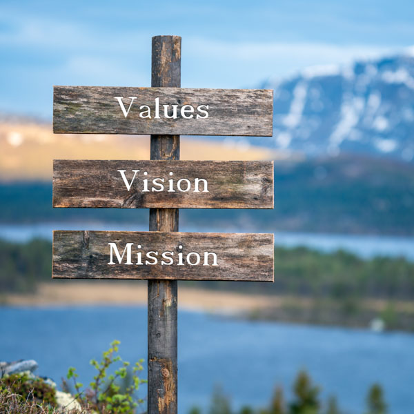 Values vision mission wooden signpost outdoor in nature during blue hour and sunset. Business concept.