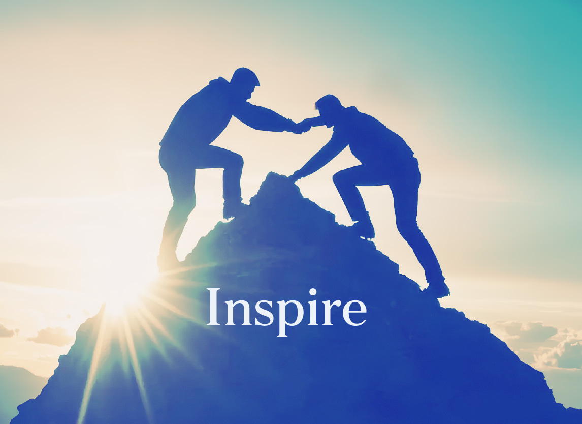 Silhouette of two professionals on a mountain, one pulling the other up, representing leadership and mutual success